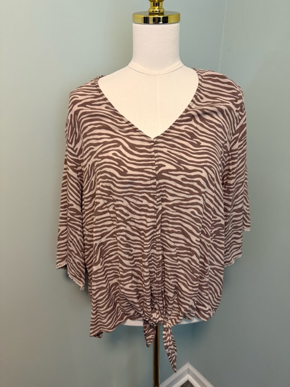 Ariat Zebra Print Tie Front Foster Top Brown Tan Animal V-Neck Lace Trim XL